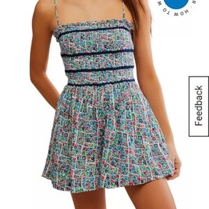 Free People Floral Smocked Dress in Blue, Red & Green
